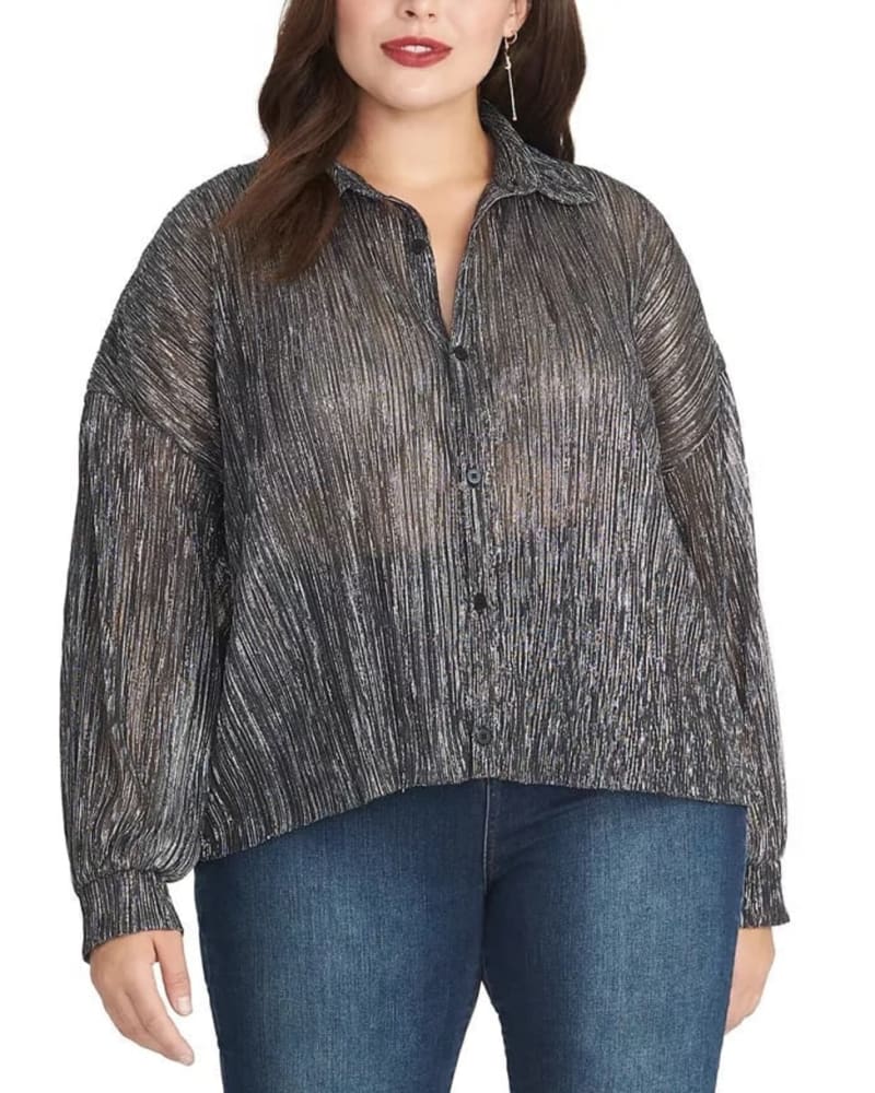 Front of a model wearing a size 0X Rachel Roy Women's Trendy Plus Size Ben Metallic Crinkle Blouse Black Size 0X in Black by Rachel Roy. | dia_product_style_image_id:311644